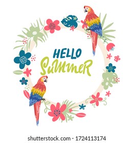 doodle Exotic tropical jungle rainforest round frame. green palm tree with parrot monstera leaves flowers. Isolated element on blue background. Place for text. Vector design illustration