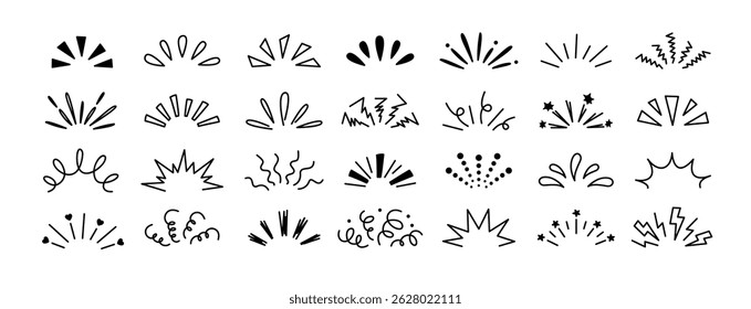 Doodle explosion. Comic burst manga elements. Radial line rays, hand drawn shine, idea, surprise and exclamation symbol. Explosion frames, retro cartoon outline vector set.