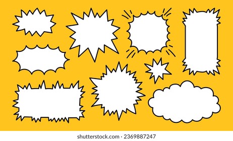 Doodle Explosion frame set. Hand drawn vector comic borders collection with black outline. Cartoon dialogue elements. Speech bubbles.