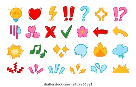 Signo de expresiones de garabato. Efectos de emoción cómica, Elementos de emoticones decorativos de color dibujado a mano Manga. Líneas expresivas, flechas direccionales, destellos, corazón, signo de interrogación. Juego de Vectores. Pegatinas de dibujos animados