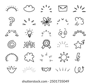 Doodle expressions symbols. Simple sunbursts, fireworks different emotional comic signs. Anime manga style line elements, classy vector collection