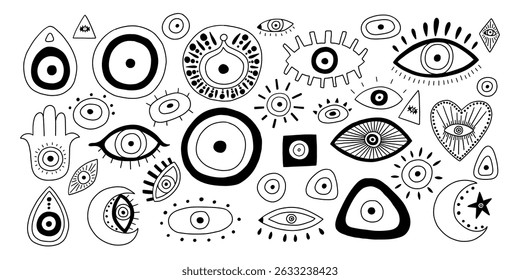 Doodle Eye Greek Turkish Evil Set. Nazar Bead Icon Amulet Collection. Vector Doodle Illustration