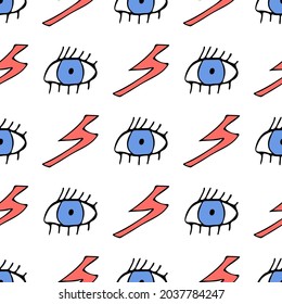 Patrón de ojos de garabato y cremallera sobre fondo blanco para uso en envases o textiles