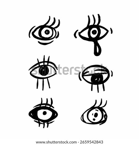 Doodle eye set with emotional and weird hand-drawn styles vector illustration. Includes crying, wide, and surreal looks