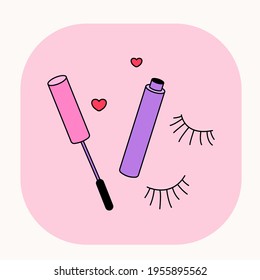 Doodle eyelashes mascara brush illustration. Cute cartoon beauty cosmetic icon with pink background. Pink fancy eyelashes mascara brush
 and eye lashes tube icon set. Vector