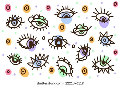 Fondo de ojos de perro, conjunto dibujado a mano de doodles bonitos para la decoración sobre un fondo blanco de colores suaves