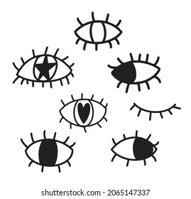 Doodle Eyes hand drawn set. Mystic Symbols Boho collection. Stylish print with hand-drawn eyes, take a look. Modern hipster template with eyes, enamored and mysterious look. Vector illustration.