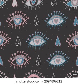 Doodle eyes and tears on black background pattern.