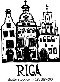 doodle facade Riga Buildings facade front view. European homes of the old city buildings simple monochromatic line art sketch for a logo icon