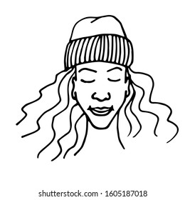 Doodle face of an african american woman in hat. Women's Day, Mother's Day. Portrait of a doodle girl. Vector illustration for card, poster, postcard, print, invitation, wedding. Concept of feminism