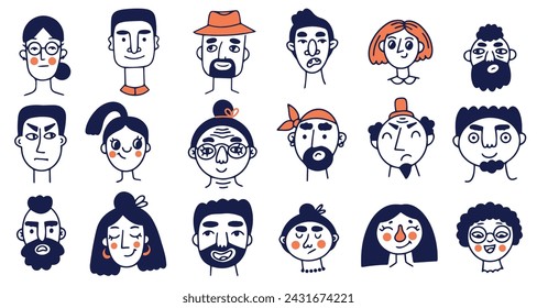 Doodle face avatar in doodle style. Abstract art vector illustration. Different human faces, men, women with accessories