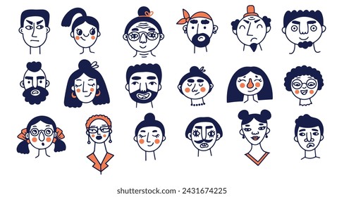 Doodle face avatar in doodle style. Abstract art vector illustration. Different human faces, men, women with accessories