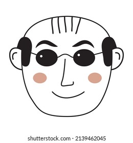 Doodle face a bald man with glasses.People face icon.Human avatar.Vector illustration hand-drawn style. Isolated on white background.