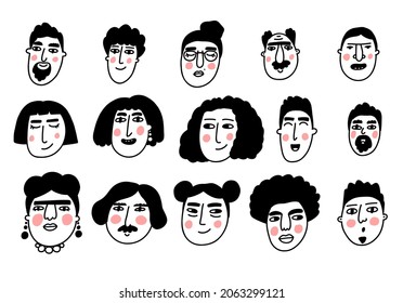 Doodle face. Caricature avatar set. Cartoon cute hipster persons. Vector illustrations