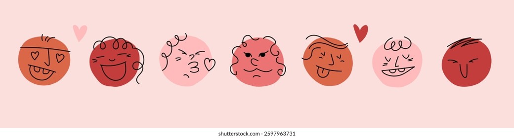 Doodle face icon set. Hand drawn sketch style. Emoji with different emotion mood, happy, sad, smile face. Comic art vector illustration. Happy valentines day concept