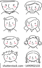 Doodle face icons. Cute collection of man and woman, mature man and woman, girls and boys with happy faces for using as user icons, profile pictures or avatars in social network. Outline vector.