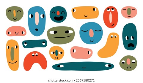Doodle face set. Abstract colorful with different emotions faces. Flat design. Modern vector illustration. Faces isolated