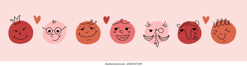 Doodle face set. Abstract comic smiling faces. Crayon drawing style. Different characters. Cartoon style. Flat design. Hand drawn trendy illustration.