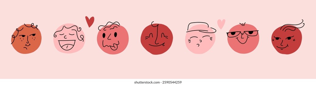 Doodle face set. Abstract comic smiling faces. Crayon drawing style. Different characters. Cartoon style. Flat design. Hand drawn trendy illustration.