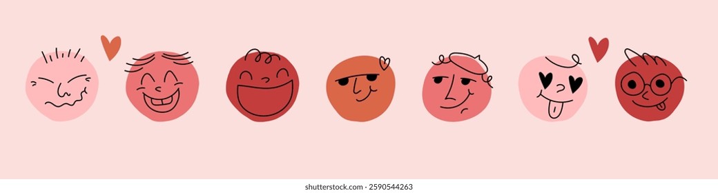 Doodle face set. Abstract comic smiling faces. Crayon drawing style. Different characters. Cartoon style. Flat design. Hand drawn trendy illustration.