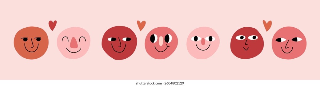 Doodle face set. Abstract comic smiling faces. Crayon drawing style. Different characters. Cartoon style. Flat design. Hand drawn trendy illustration.