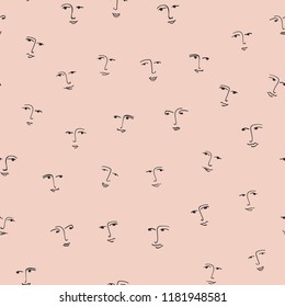 Doodle Face Sketchy Seamless Pattern, Line Art Vector Illustration of Realistic Cartoon Style Eyes, Mouth, Nose Design for Trendy Fashion Prints, Cute Wallpaper, Portrait Backgrounds, Stationery