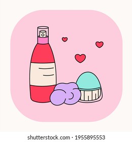 Doodle face skin care spray and face brush illustration. Cute cartoon cosmetic icon with pink background. Fancy pink skin care spray and face hygiene brush icon set. Vector