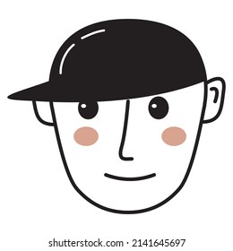 Doodle face.People face in a baseball cap icon.Vector illustration hand-drawn style. Isolated on white background.