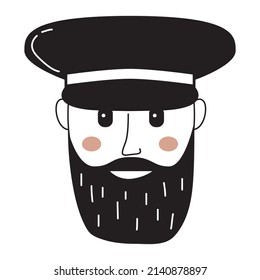 Doodle face.People face in a military cap icon.Human avatar a man with a beard.Vector illustration hand-drawn style. Isolated on white background.