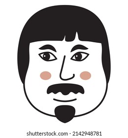 Doodle face.People icon.Asian man with beard and mustache.Vector illustration hand-drawn style. Isolated on white background.