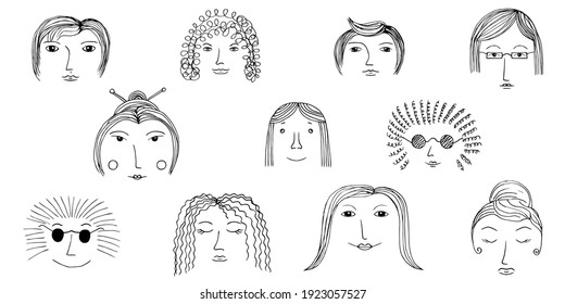 Doodle faces black linear. Black and white sketch. 