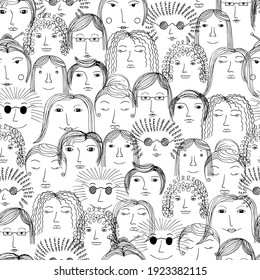 Doodle faces black linear. Black and white sketch. Seamless pattern.