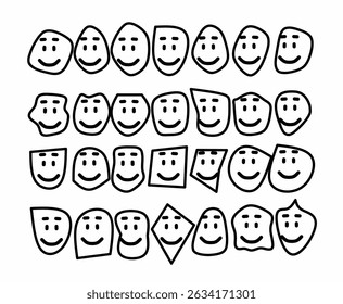 Doodle faces in black and white, expressing various emotions with hand-drawn, quirky and minimalistic cartoon style vector design isolated 
