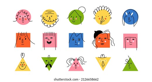 Doodle faces. Bright geometric cute funny people, social media user avatars, hipster man and woman portrait different emotions, contemporary human icons, square circle and triangle form vector set