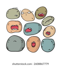 Doodle faces with different emoji. Hand drawn sketch illustration.  Cute smiles