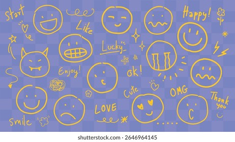 Doodle faces with expressions like happy, sad, and surprised. Cute and playful, these smiley faces convey emotions like love, joy, and excitement. Colorful typography vector set.
