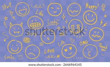 Doodle faces with expressions like happy, sad, and surprised. Cute and playful, these smiley faces convey emotions like love, joy, and excitement. Colorful typography vector set.