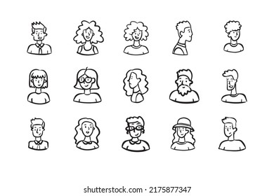 Doodle faces people men and women. Outline sketch. Vector illustration