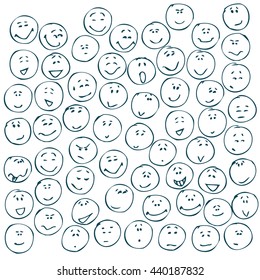 Doodle faces with positive emotions. Emoticons. Emotional icons. Facial expressions set. Blue pen.