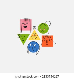 Doodle faces print or card. Bright geometric cute funny people, postcard or t-shirt, hipster man and woman portrait different emotions, contemporary human poster, vector illustration