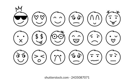 Doodle Caras Ronda Simple Conjunto De Cómic. Emoticon con Diferentes Emociones Divertida Colección. Ilustración vectorial de iconos emojis riéndose, triste, enojado, enamorado.