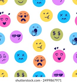 Doodle faces seamless pattern. Hand drawn emotion face, children drawing style fabric or wrapping print. Comic characters neoteric vector background