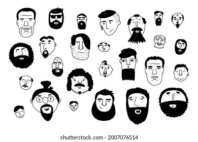 Doodle faces set. Hand-drawn outline people isolated on white background. Human Avatar Collection. Cartoon young, old men. Male portraits. Different hairstyles, mustaches, beards. Vector illustration