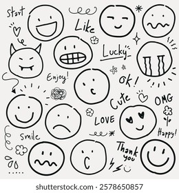 Doodle faces with various expressions like happy, sad, and surprised. Includes words like 'love', 'cute', and 'lucky'. Fun and playful sketch of emotions. Doodle and hand drawn words, vector set.