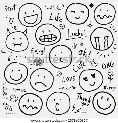 Doodle faces with various expressions like happy, sad, and surprised. Includes words like 'love', 'cute', and 'lucky'. Fun and playful sketch of emotions. Doodle and hand drawn words, vector set.