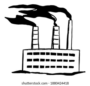 Doodle del problema de la contaminación del aire en las fábricas. Ilustración vectorial dibujada a mano. El tema de la ecología es el simple dibujo aislado en blanco. Elemento de contorno negro único para diseño, impresión, afiche, banner, placa с, logotipo.