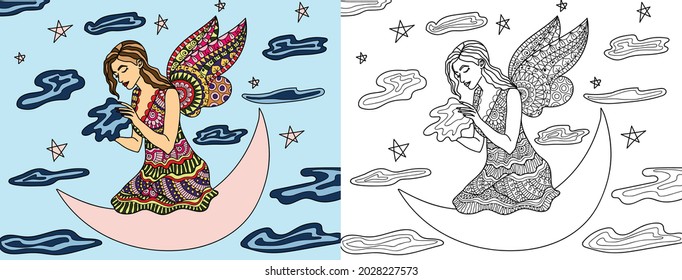 Doodle Fairy Angel sitting upon moon zen tangle colouring book page for adults