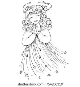 Doodle fairy girl with a halo praying and floating in the air surrounded by stars