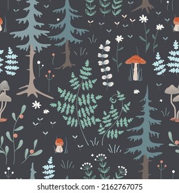 Doodle fairy woodland seamless pattern. Hand drawn forest plants on the dark background. Scandinavian style drawing of herbs and flowers