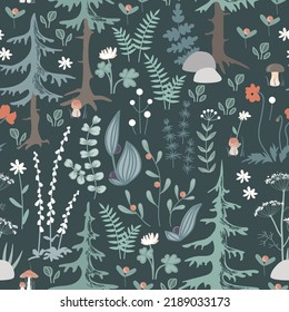 Doodle fairy woodland seamless pattern. Hand drawn forest plants on the dark background. Scandinavian style drawing of herbs and flowers.